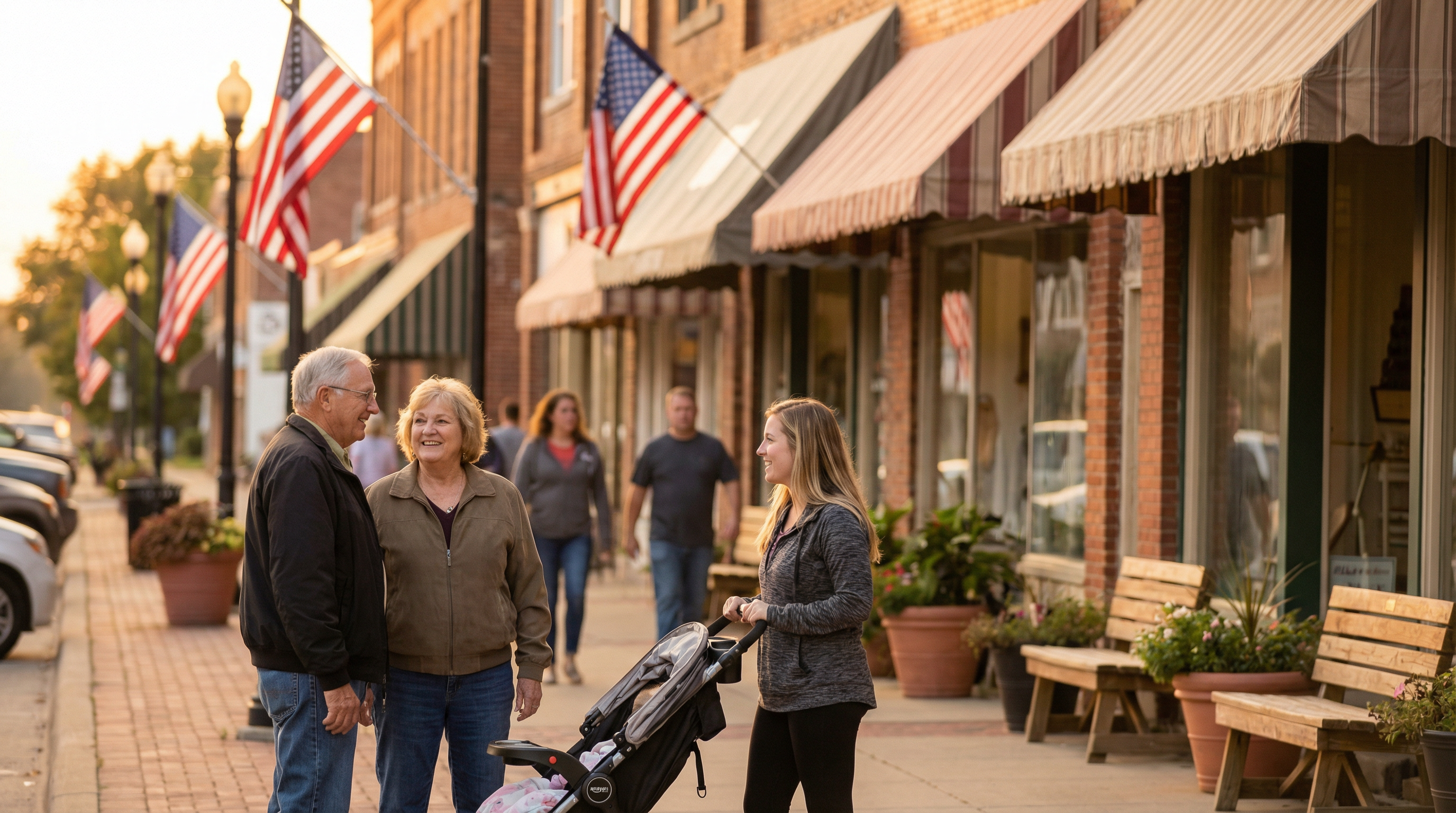 Neighbors chatting on a sunny Dayton main street